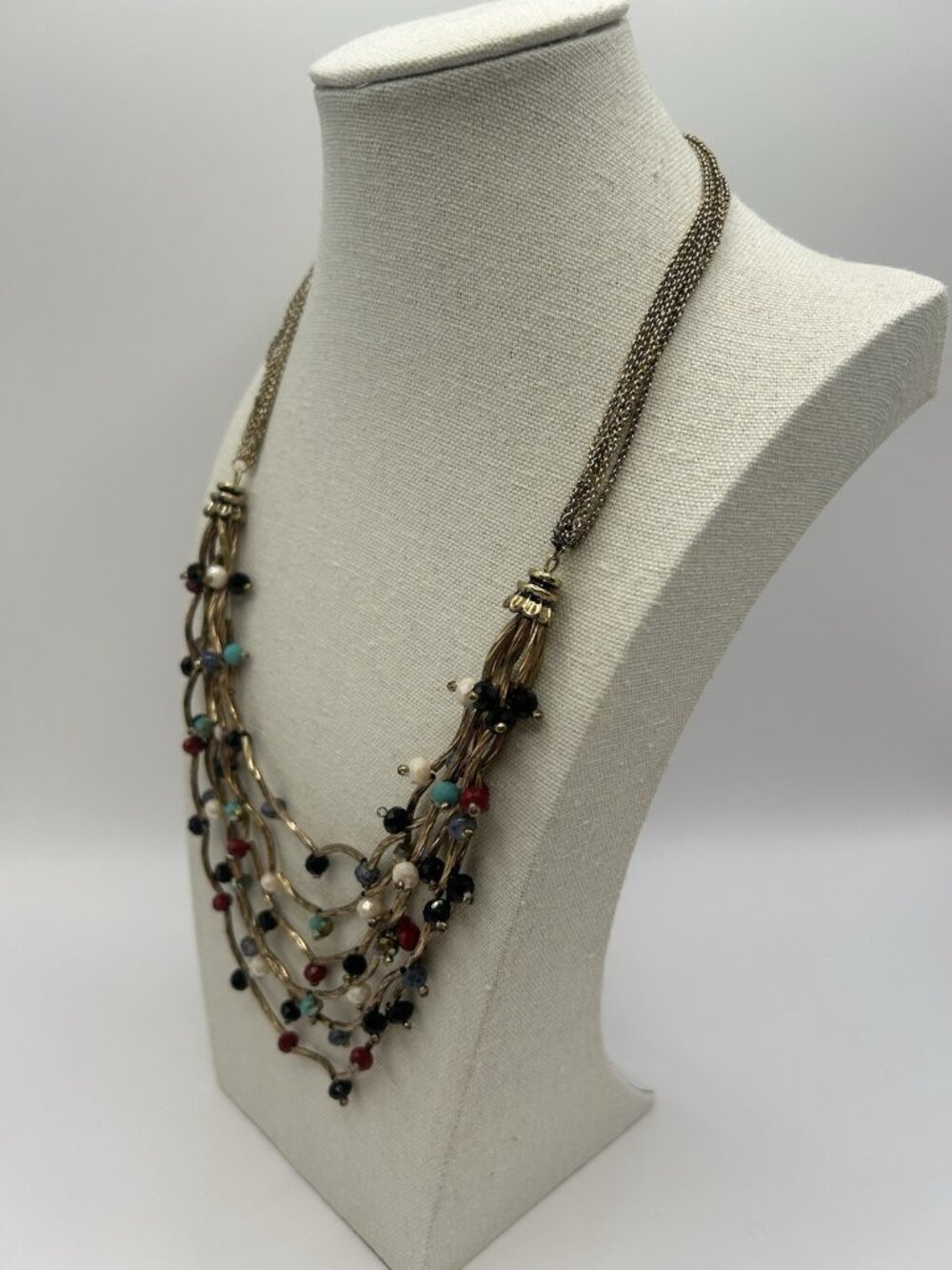Vintage Gold Tone Multi Strand Beaded Necklace Acrylic Statement Bib Boho Chunky - Picture 3 of 9